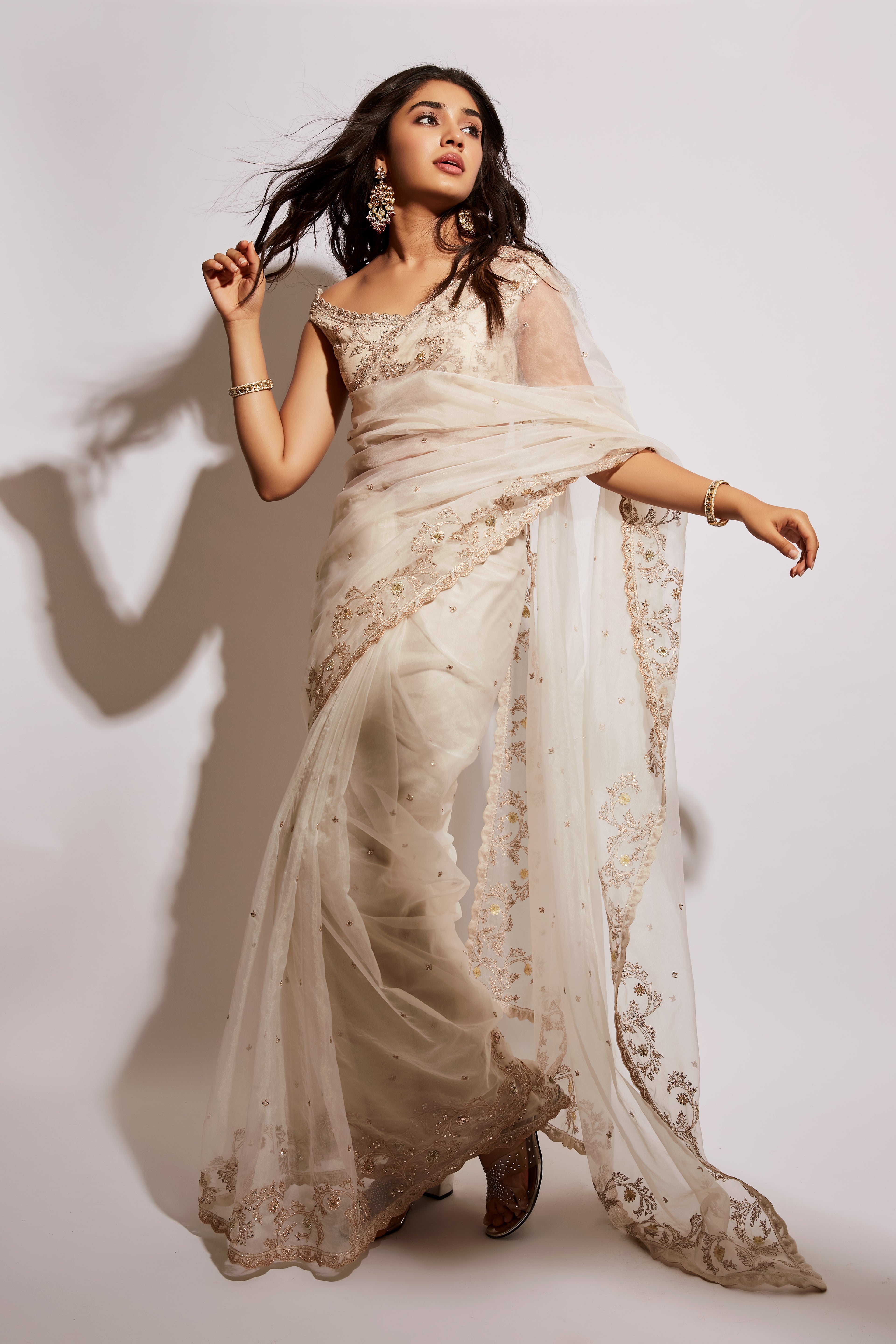Kirti Shetty in Cream organza embroidered saree set