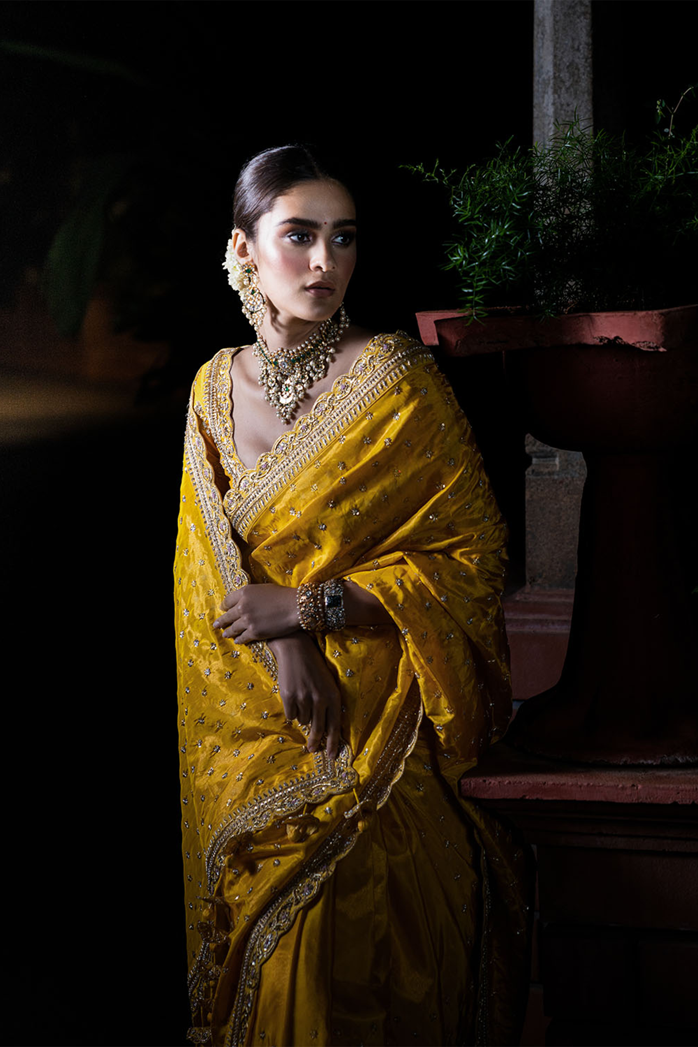 Kanchipuram Tissue Embroidered Saree - Golden Yellow