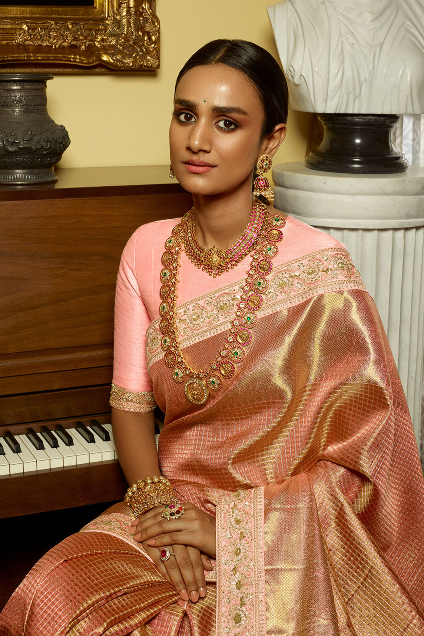 Embroidered Tissue Kanchi Saree - Nude Pink