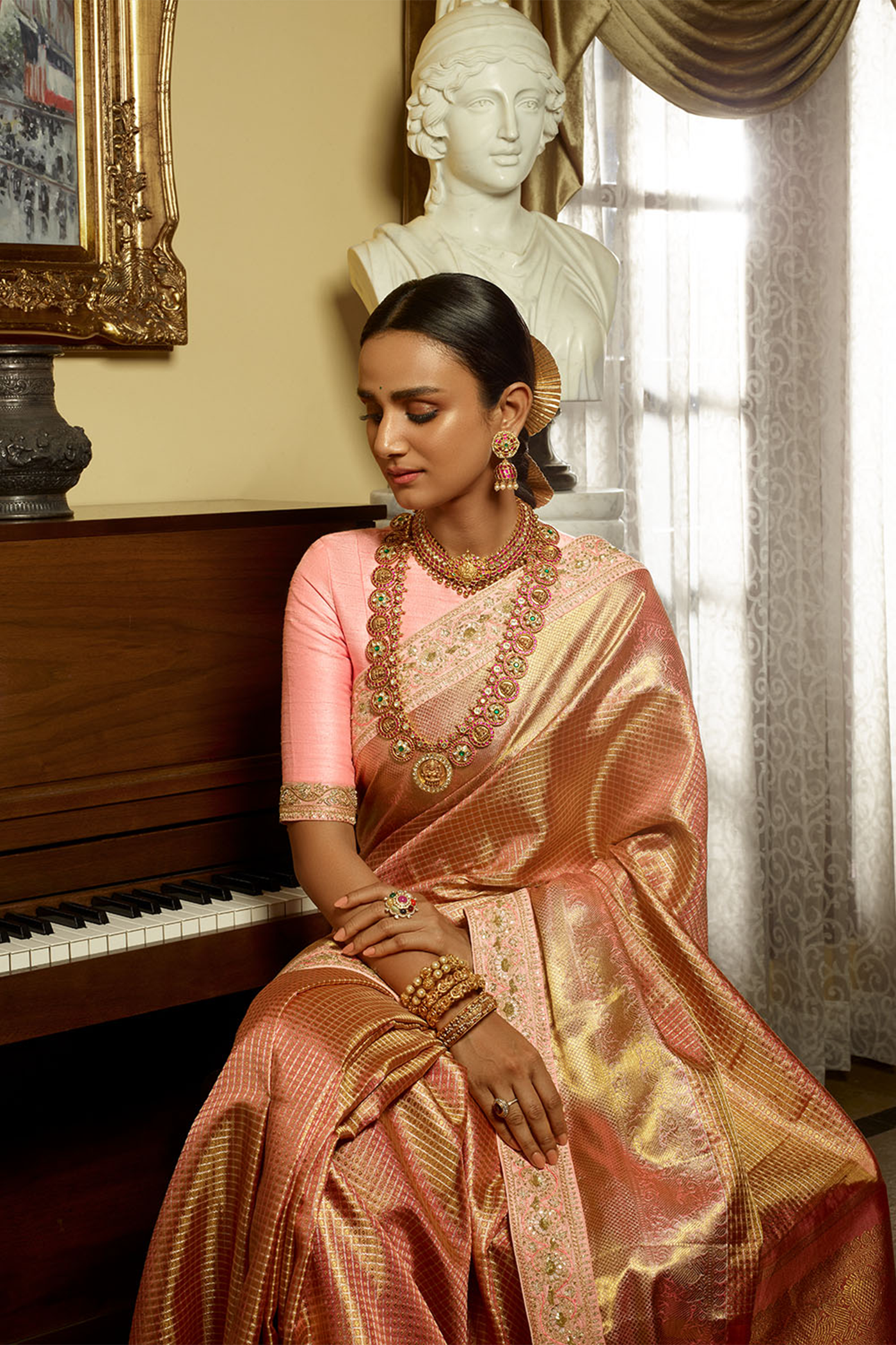 Embroidered Tissue Kanchi Saree - Nude Pink