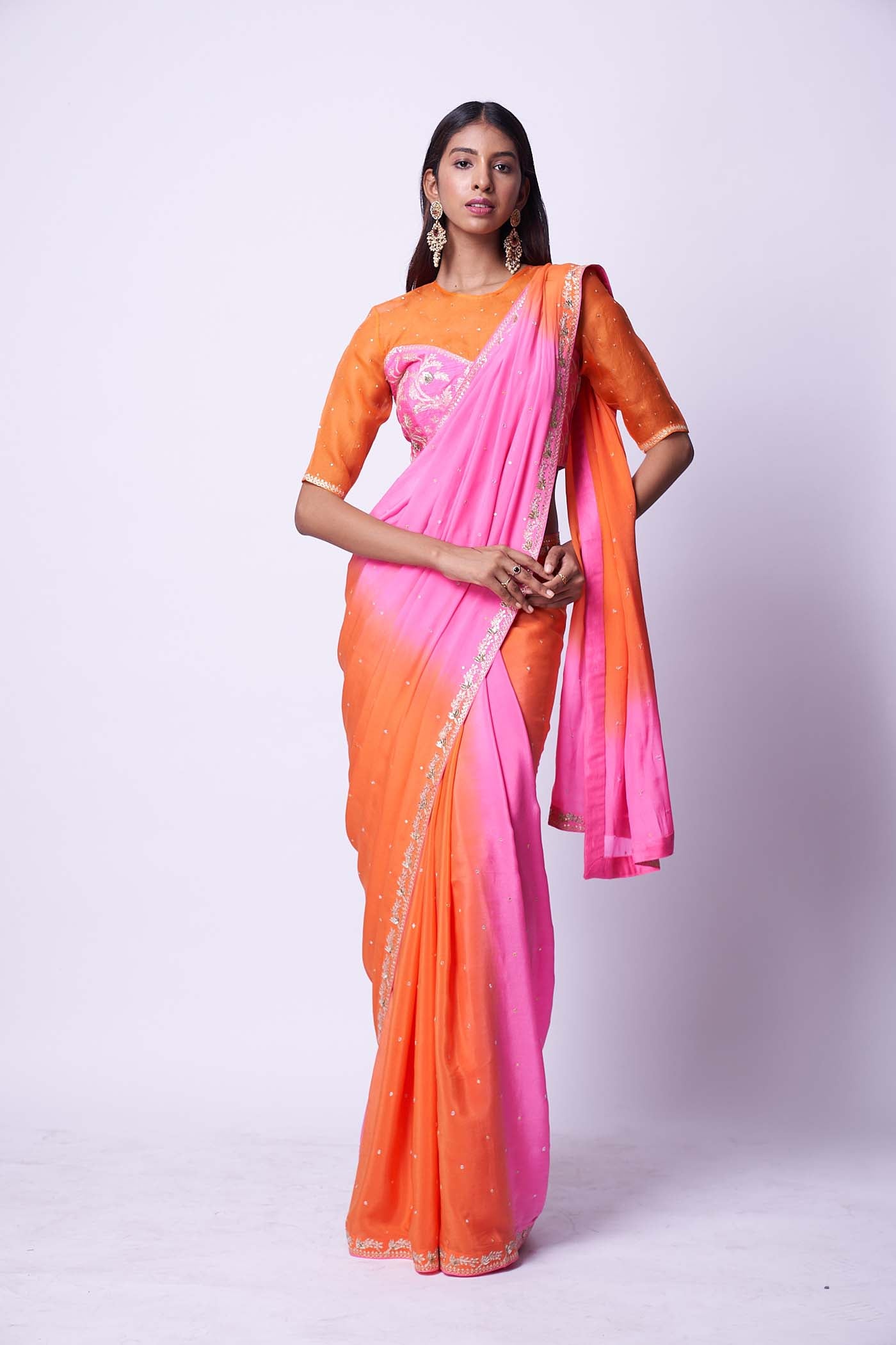 Double shaded pink and orange embroidered saree & Blouse set