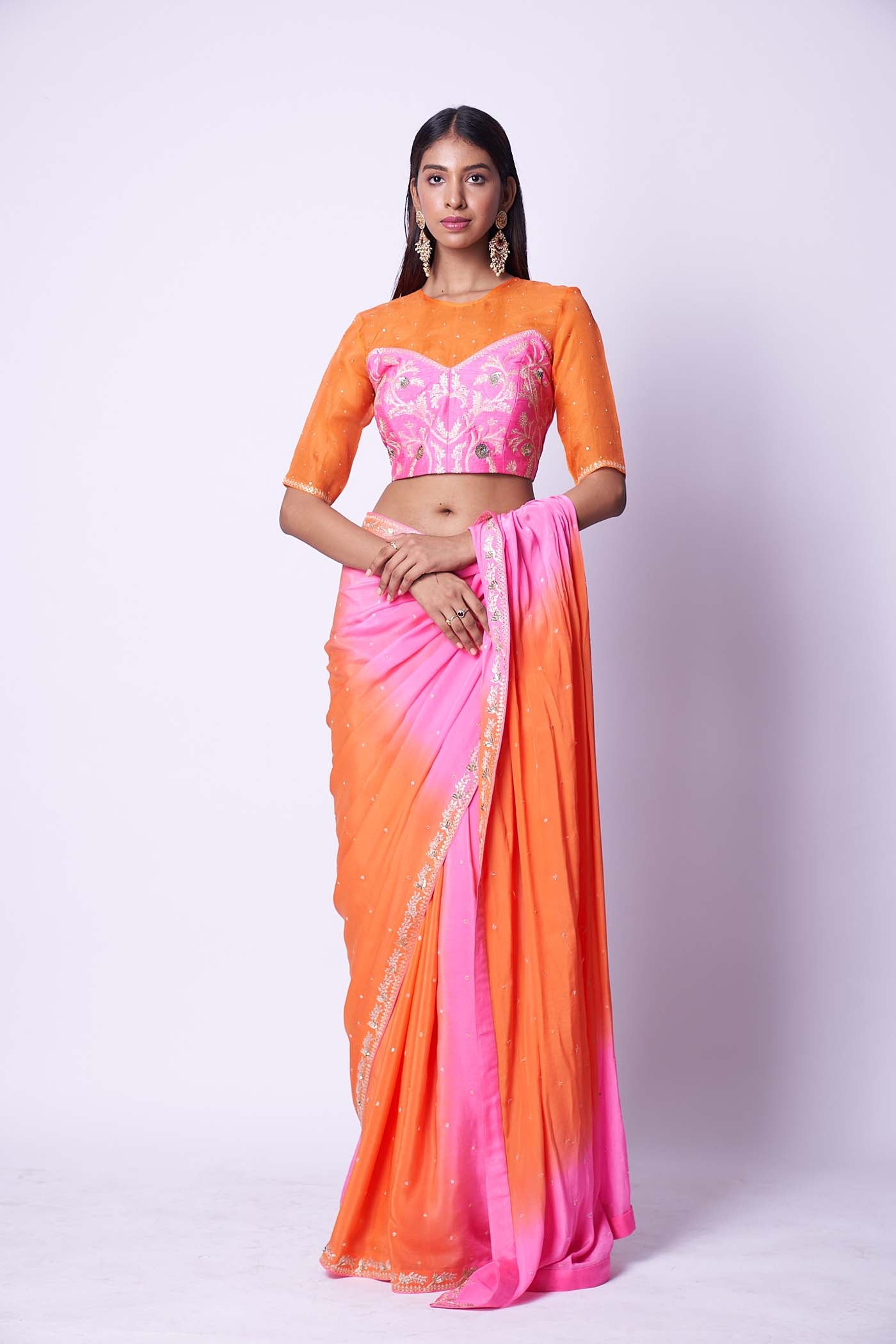 Double shaded pink and orange embroidered saree & Blouse set