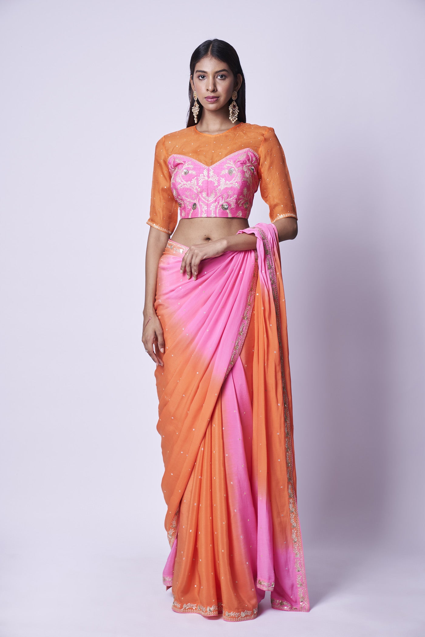 Double shaded pink and orange embroidered saree & Blouse set