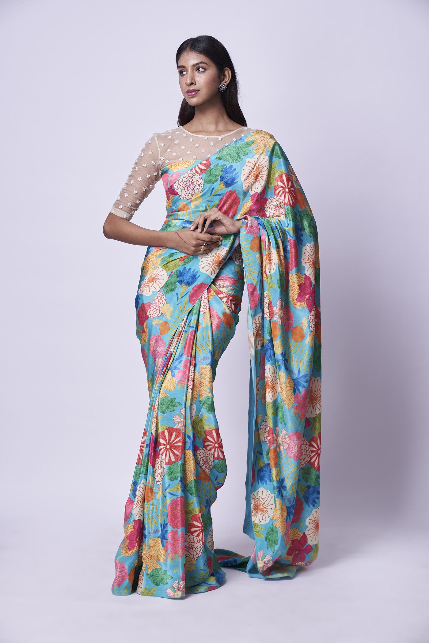 Blue Floral print saree & blouse with Pearl embroidery