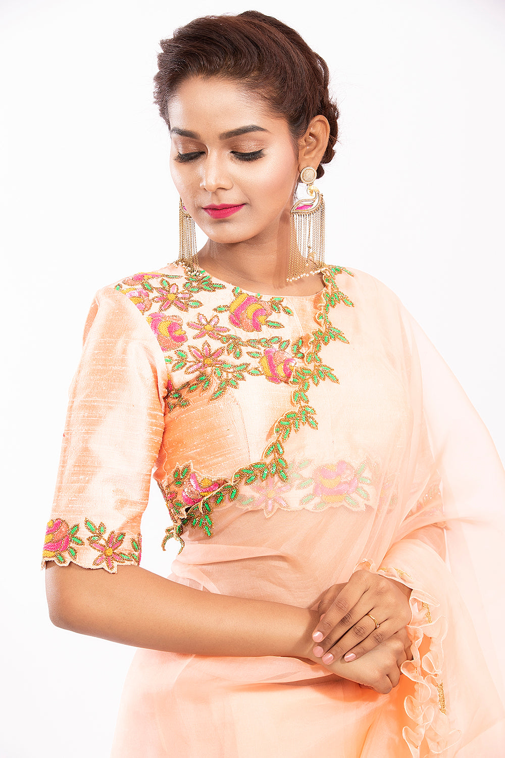 Peach ruffle embroidered saree