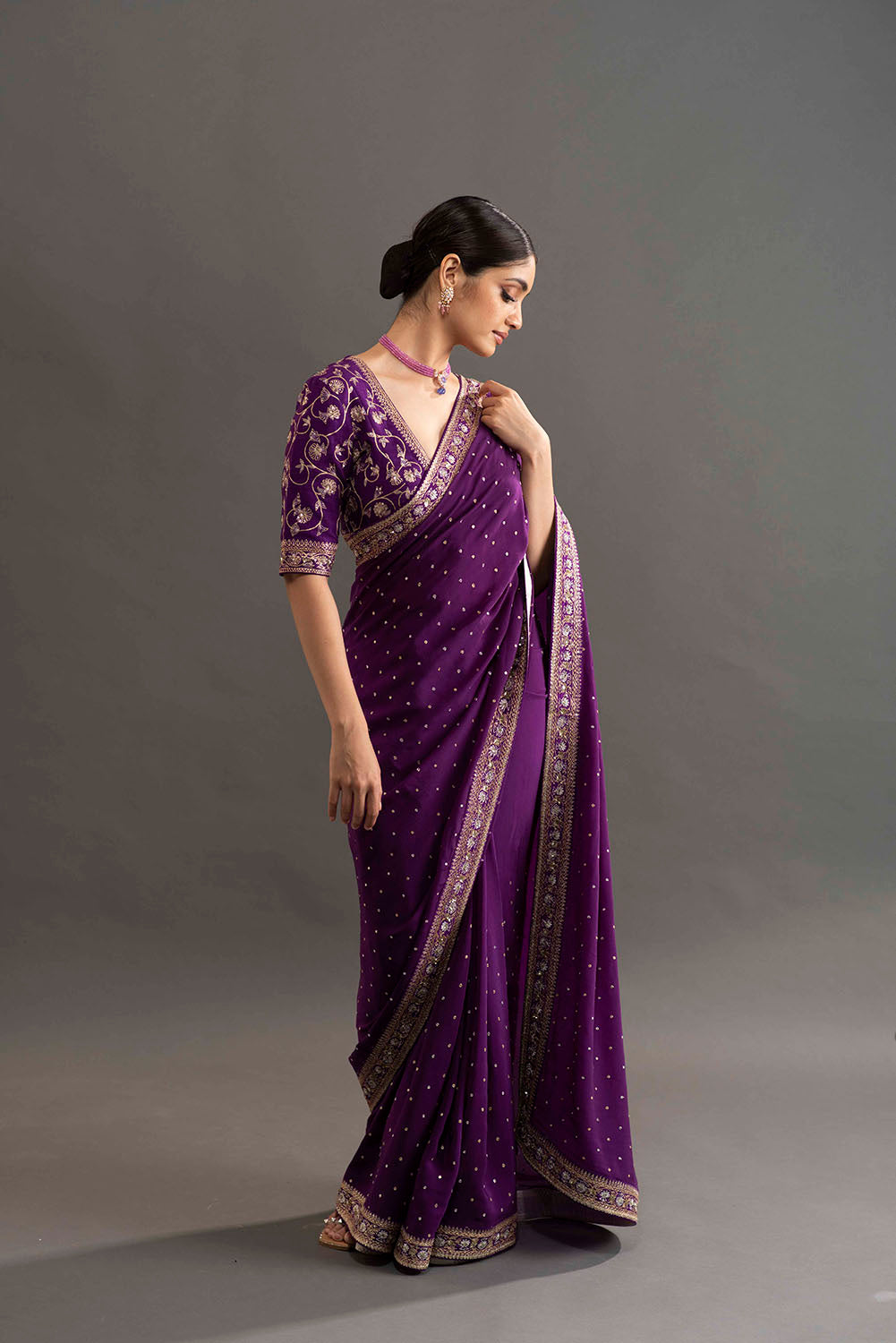 Shreya in Embroidered Crepe Saree - Purple