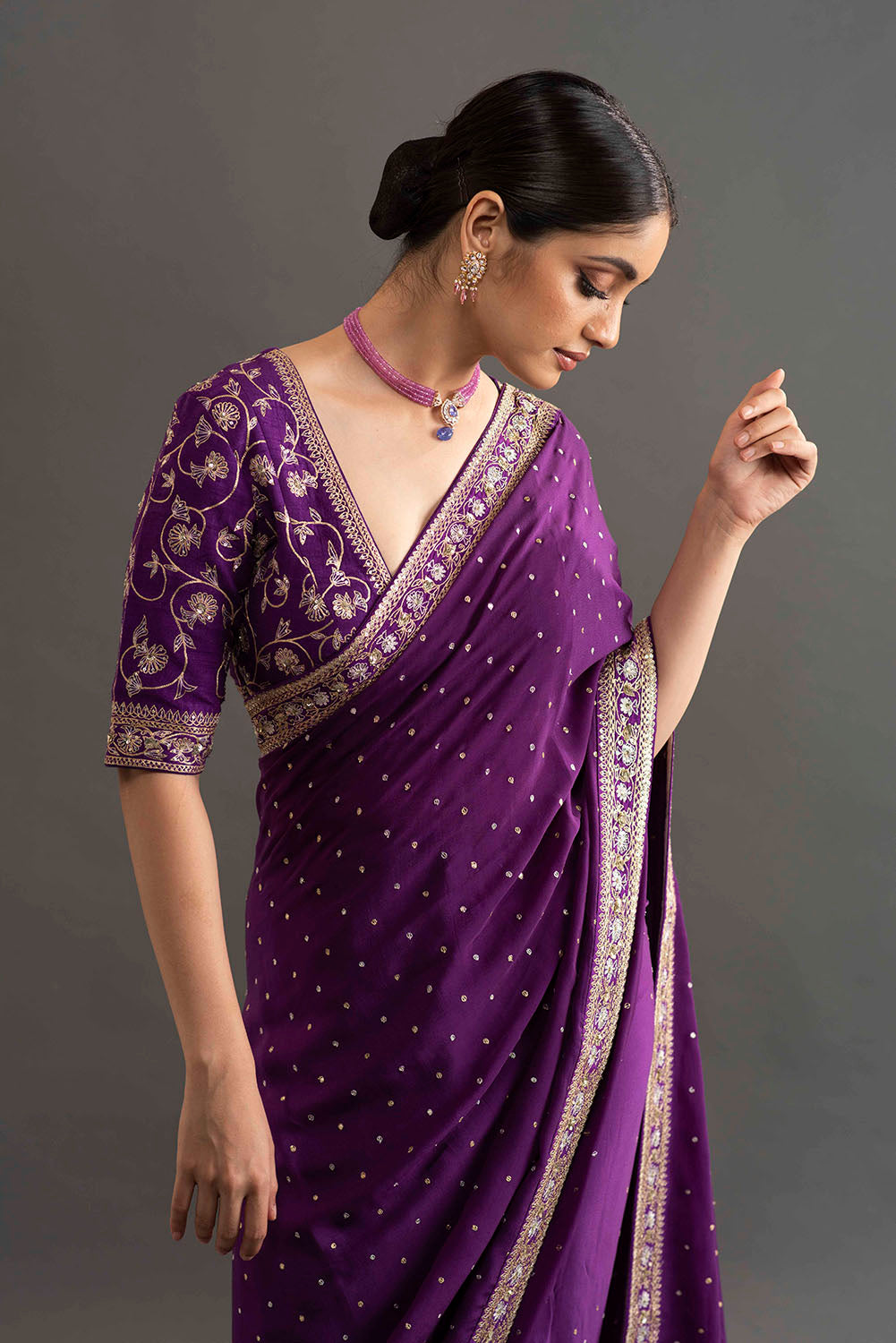Shreya in Embroidered Crepe Saree - Purple