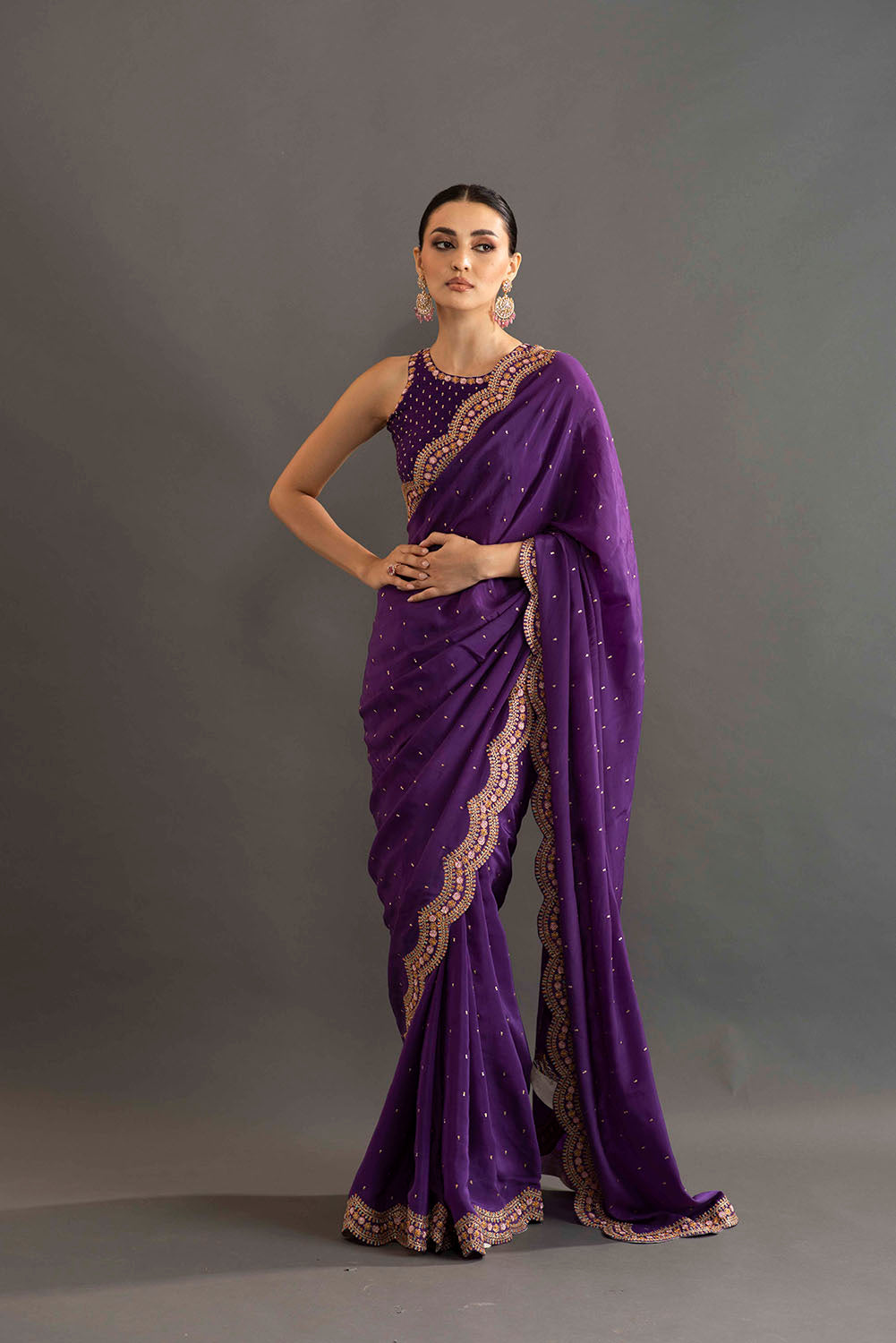 Erica in Gia Embroidered Crepe saree - Violet