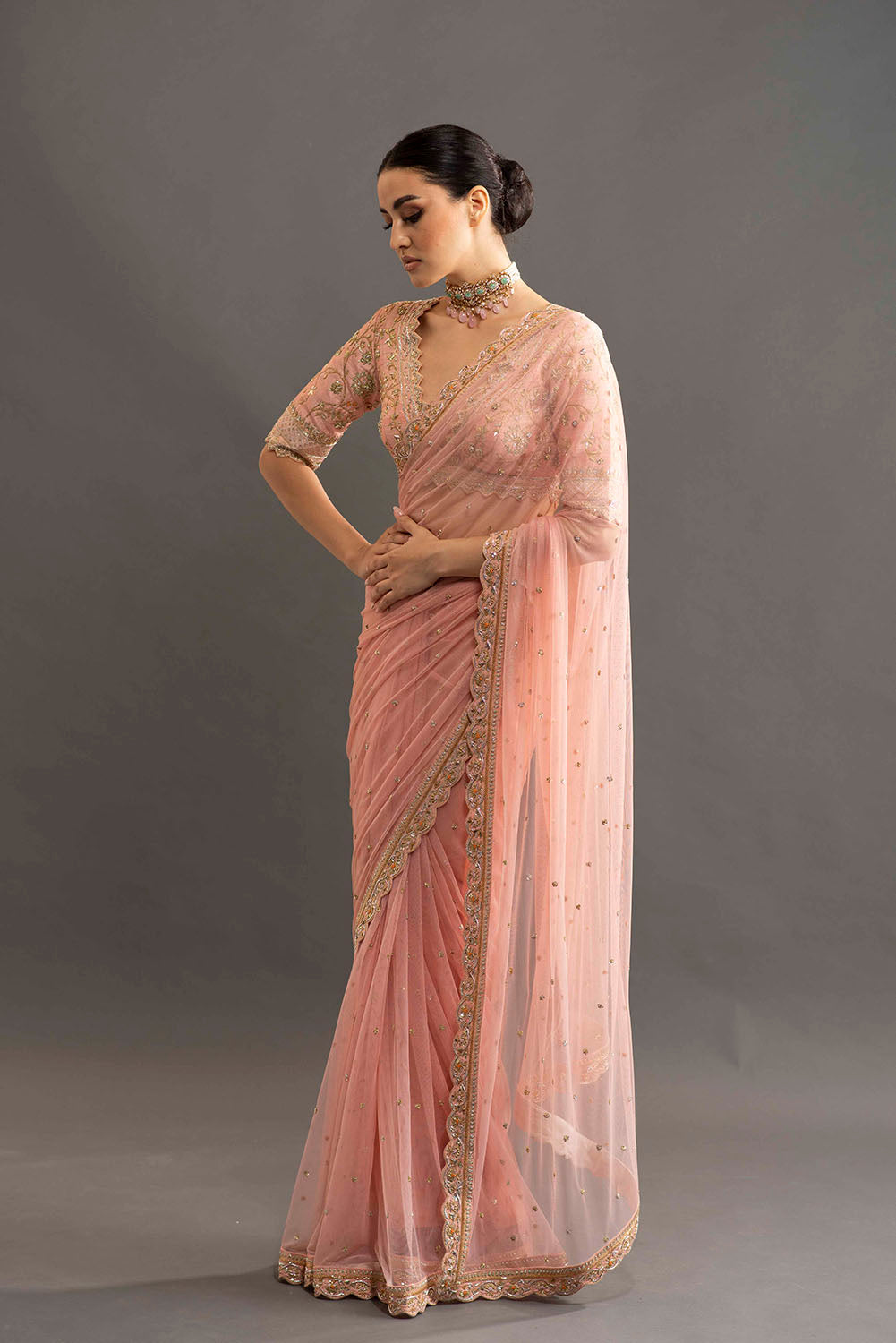 Aashika Rangnath in Heavy Embroidered Silk Net Saree - Rose Gold