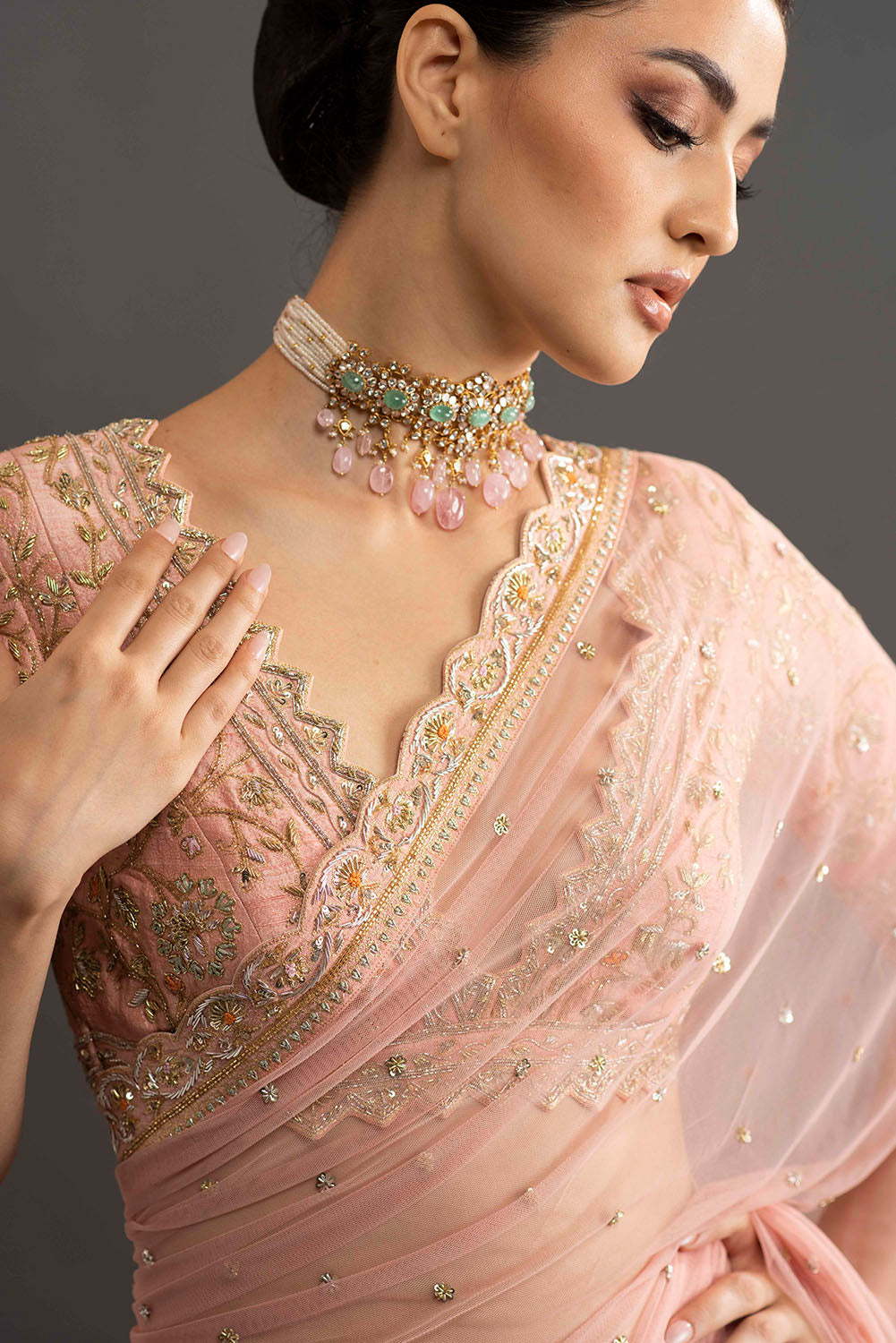 Aashika Rangnath in Heavy Embroidered Silk Net Saree - Rose Gold